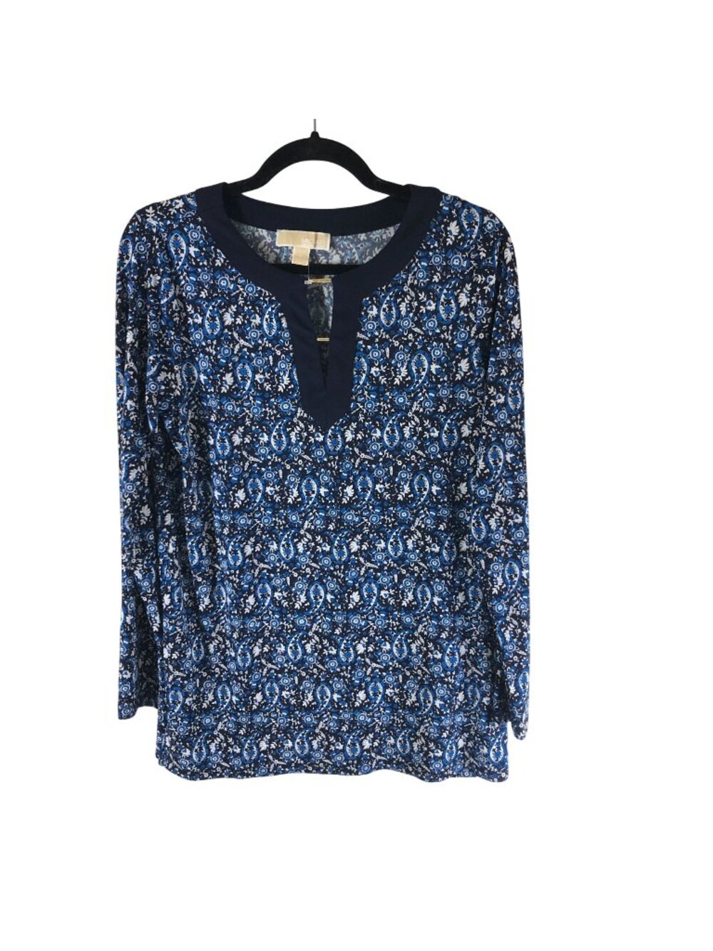 Michael Kors Womens Tunic Top Paisley Print Blue/White V Neck S